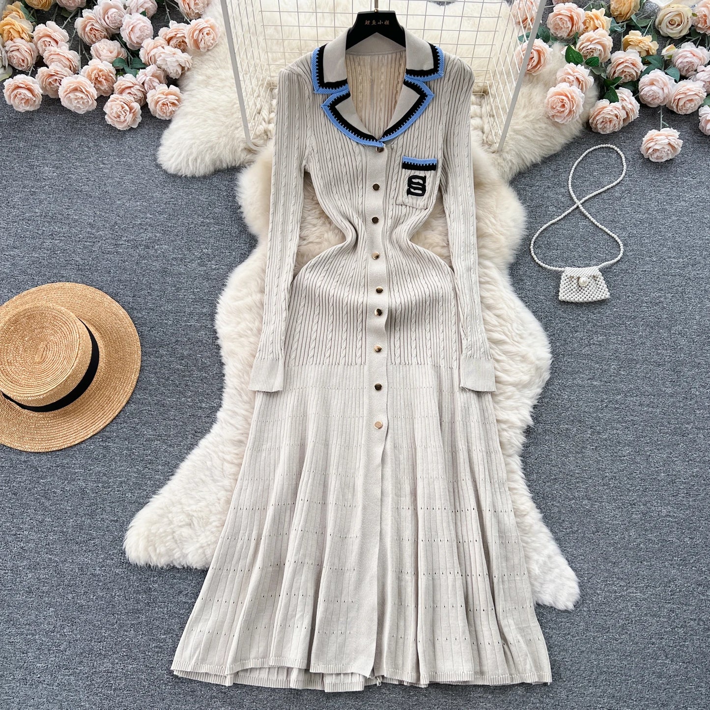 Women Polo Dress Single Breasted Pocket Design Bodycon Knitted Dress Sweater Midi Dress