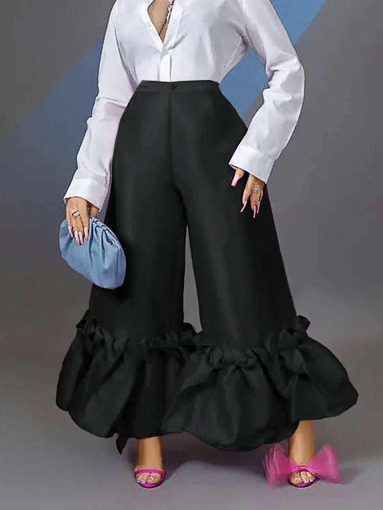 Women Pants High Waist Flare Pants Slim Fit Sexy Solid Ruffles Loose Casual Regular Wide Leg Long Trousers