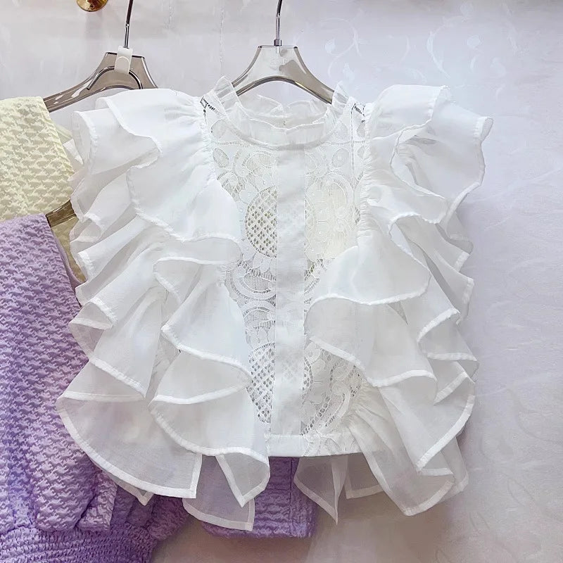 Women Blouse Shirts Stand Collar Y2k Tops Ruffles Lace Sexy Blouses