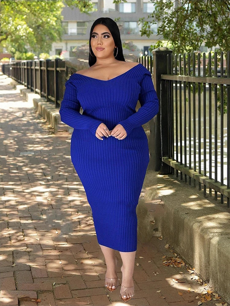 Ladies Knitted Sweater Dress Midi Dress Long Sleeves Chic and Elegant Plus Size Dresses