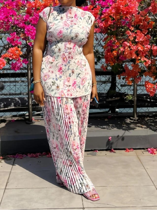 Women Set Floral Print Short Sleeve Pleated T-Shirt + Wide Leg Pants Two 2Piece Sets