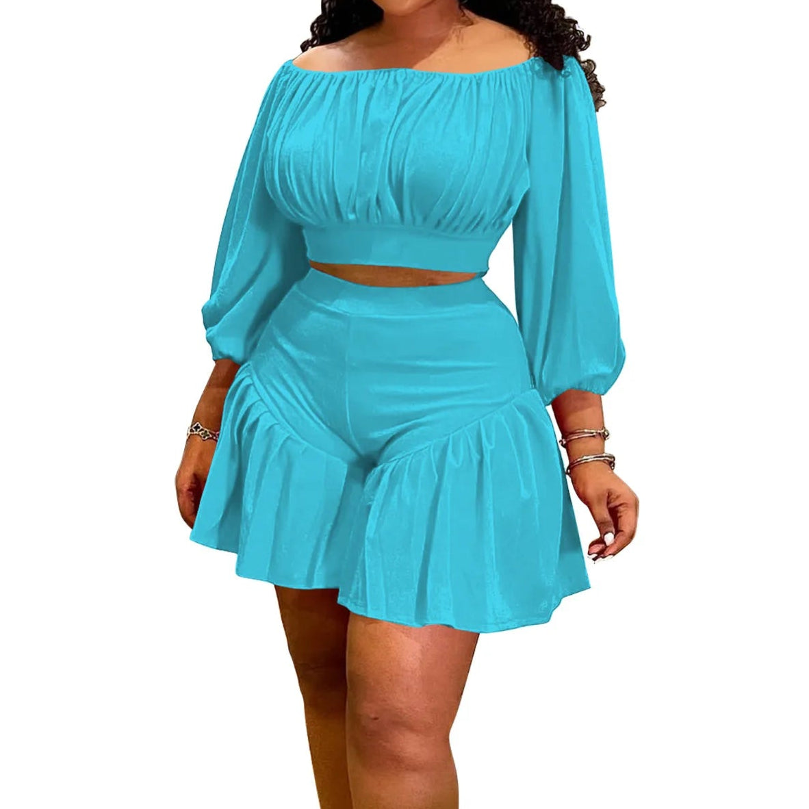 Plus Size Women's Set Long Sleeve Slash Neck T-Shirt and Shorts Summer Two 2 Piece Set