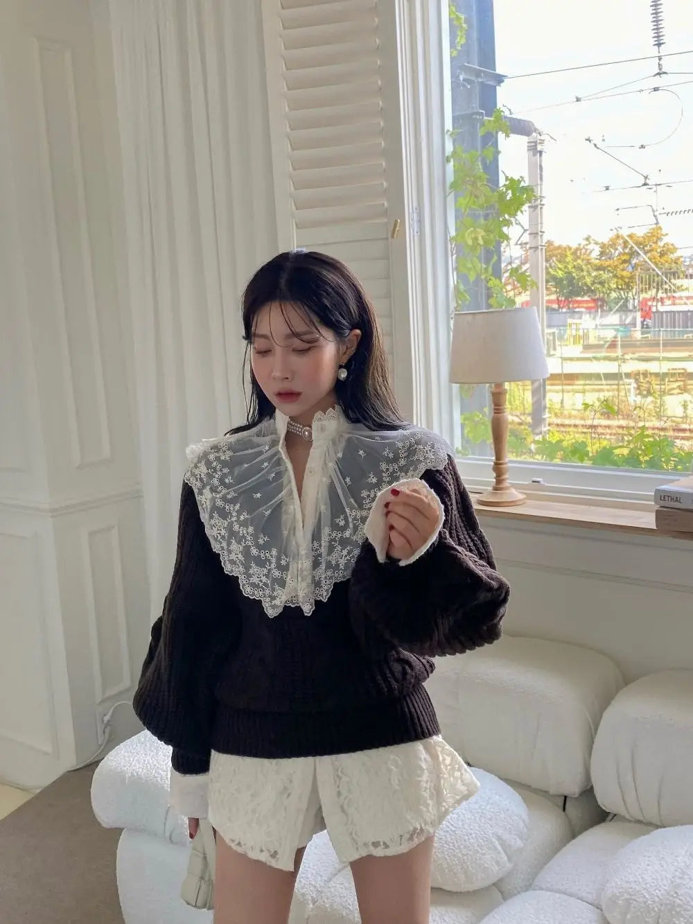 Chic Fried Dough Twists Pattern Pullover Loose Lantern Sleeve Knit Sweater