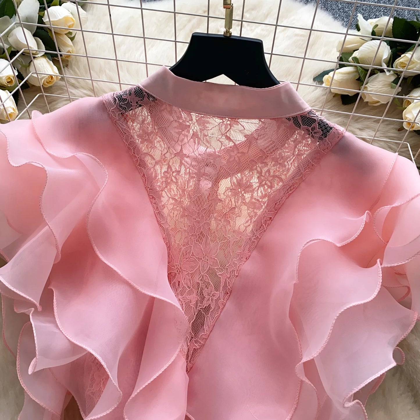 Ruffle Blouses Women French Style Single Breasted Lace Patchwork Shirt Summer Top