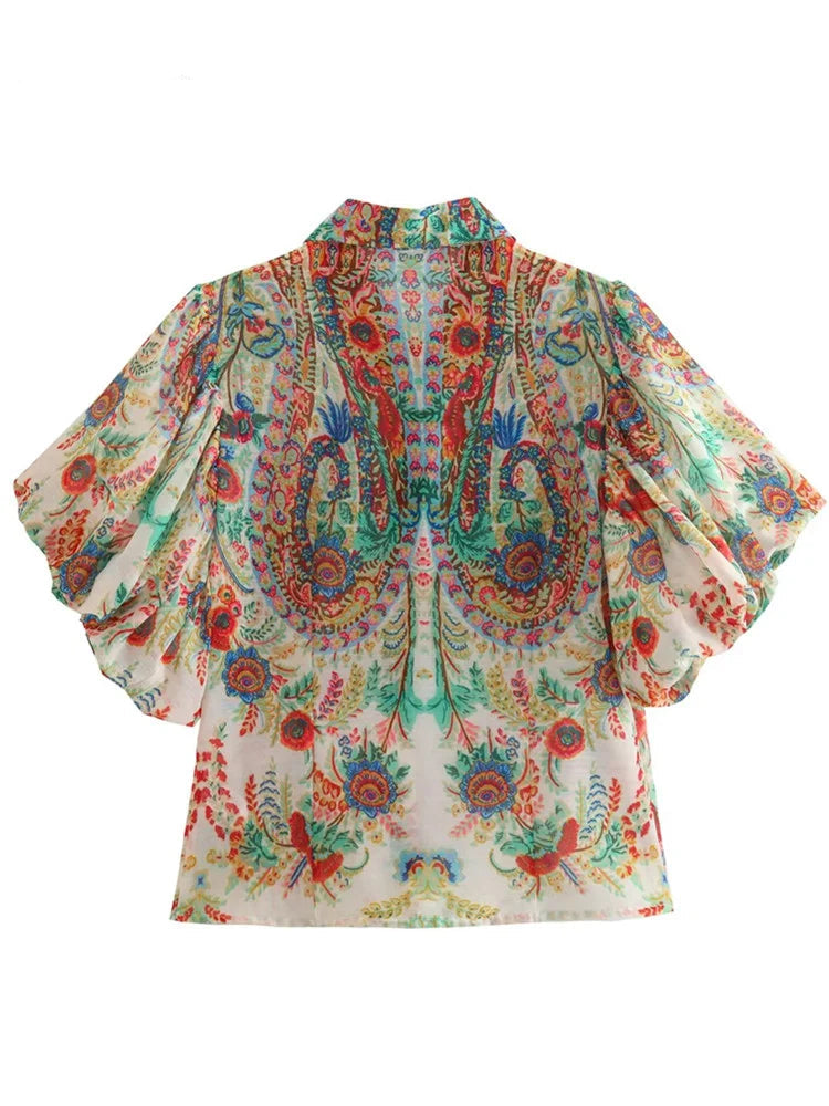 Women Vintage Totem Flower Print Pleated Puff Sleeve Blouse Breasted Shirt