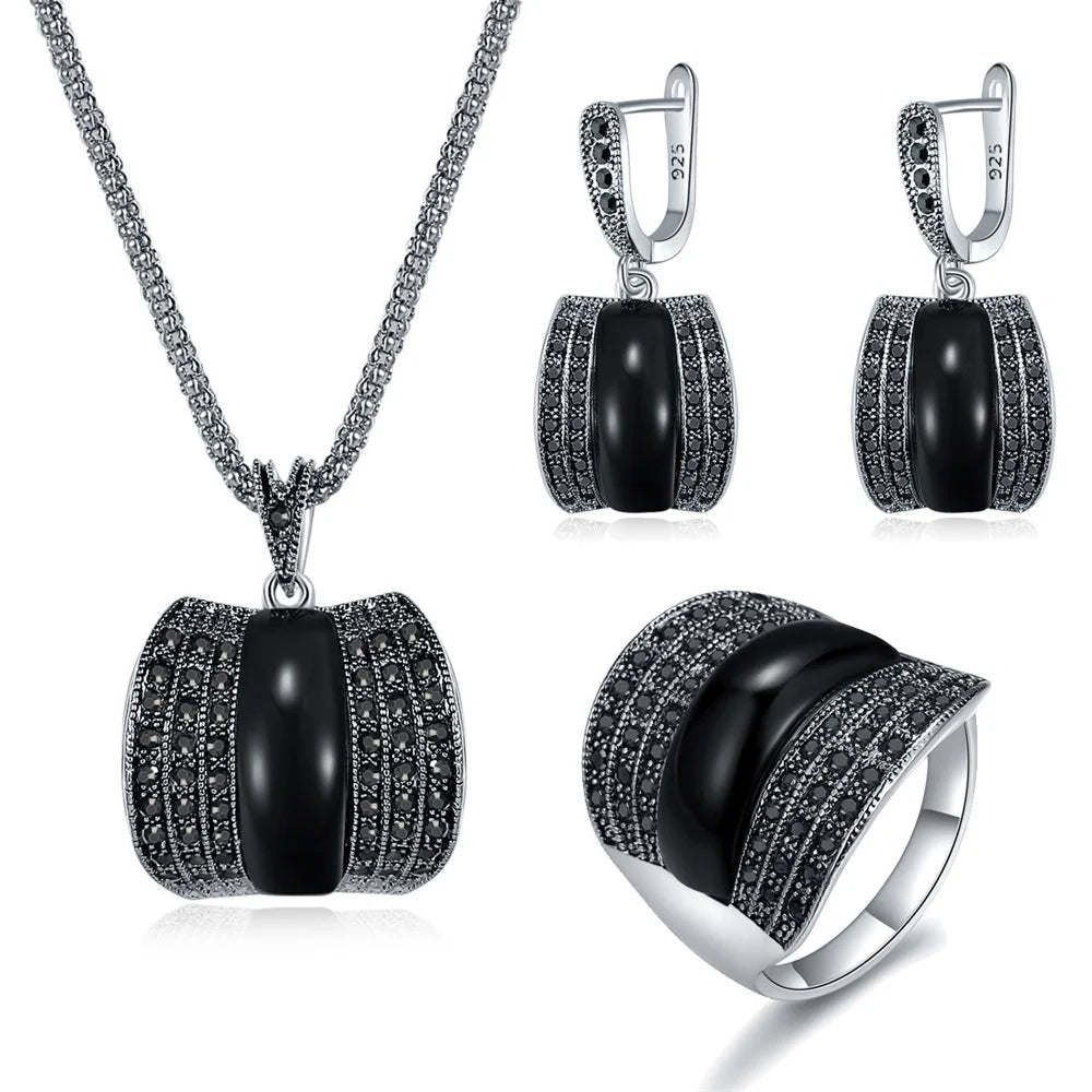 Antique Geometric Green Stone Ring Necklace And Earrings Sets for Women