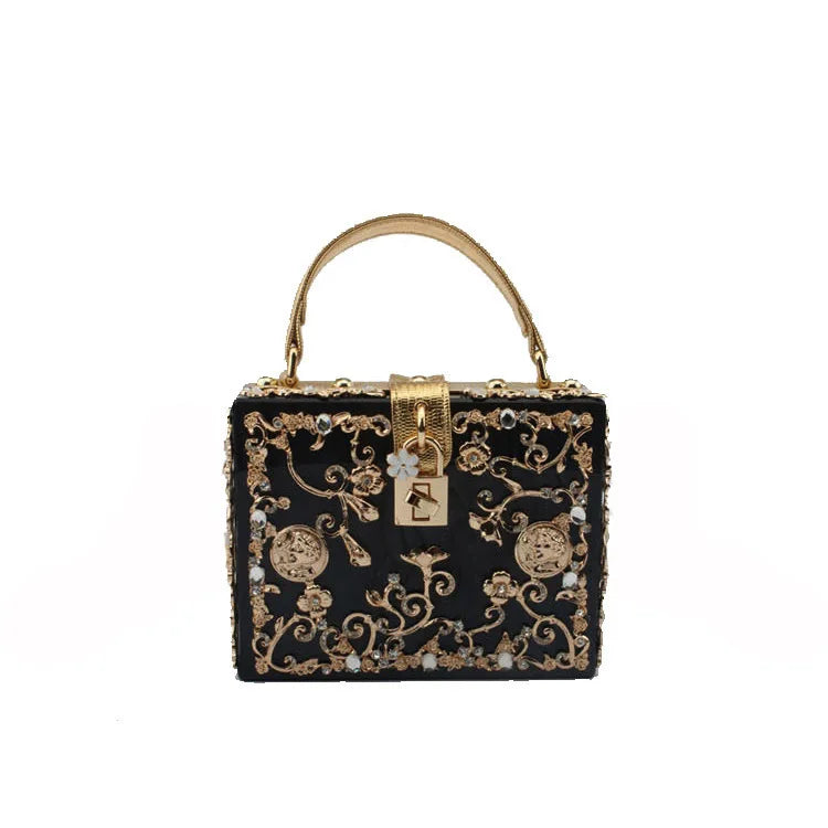 High-Grade Crystal Evening Bag Female New Hollow Out Metal Carved Flower Diamond Handbag