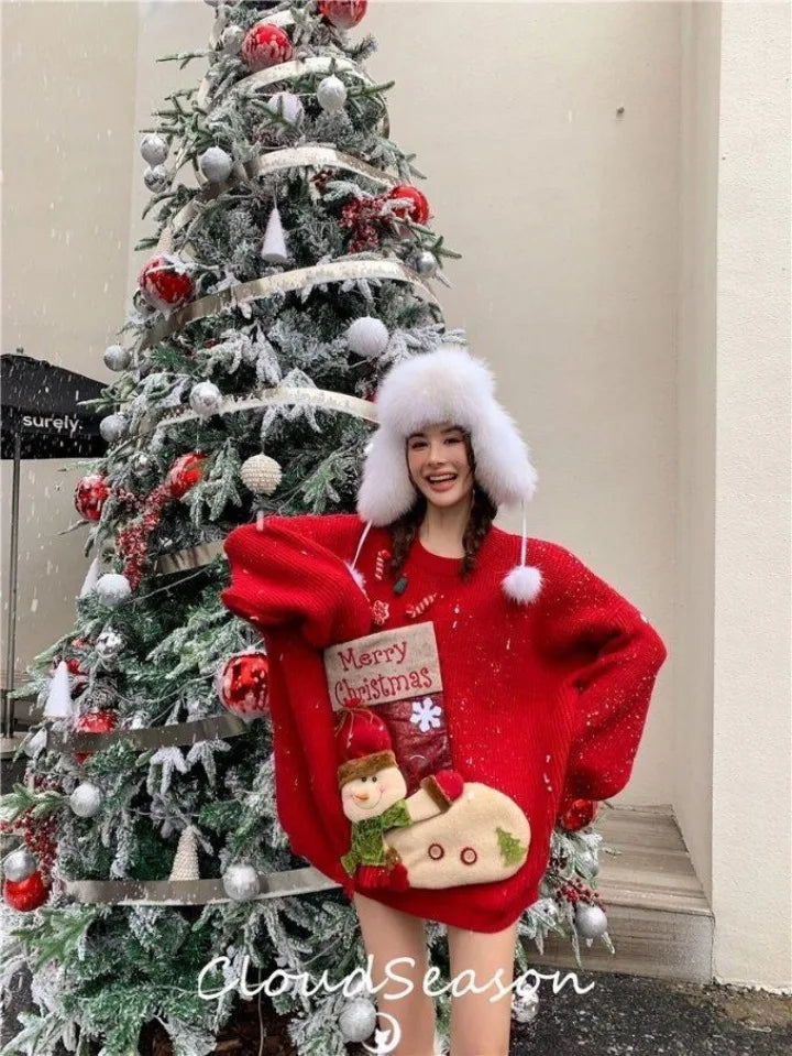 Christmas Sweater Loose New Lazy Thick Sweater Three-dimensional Cartoon Red Sweater