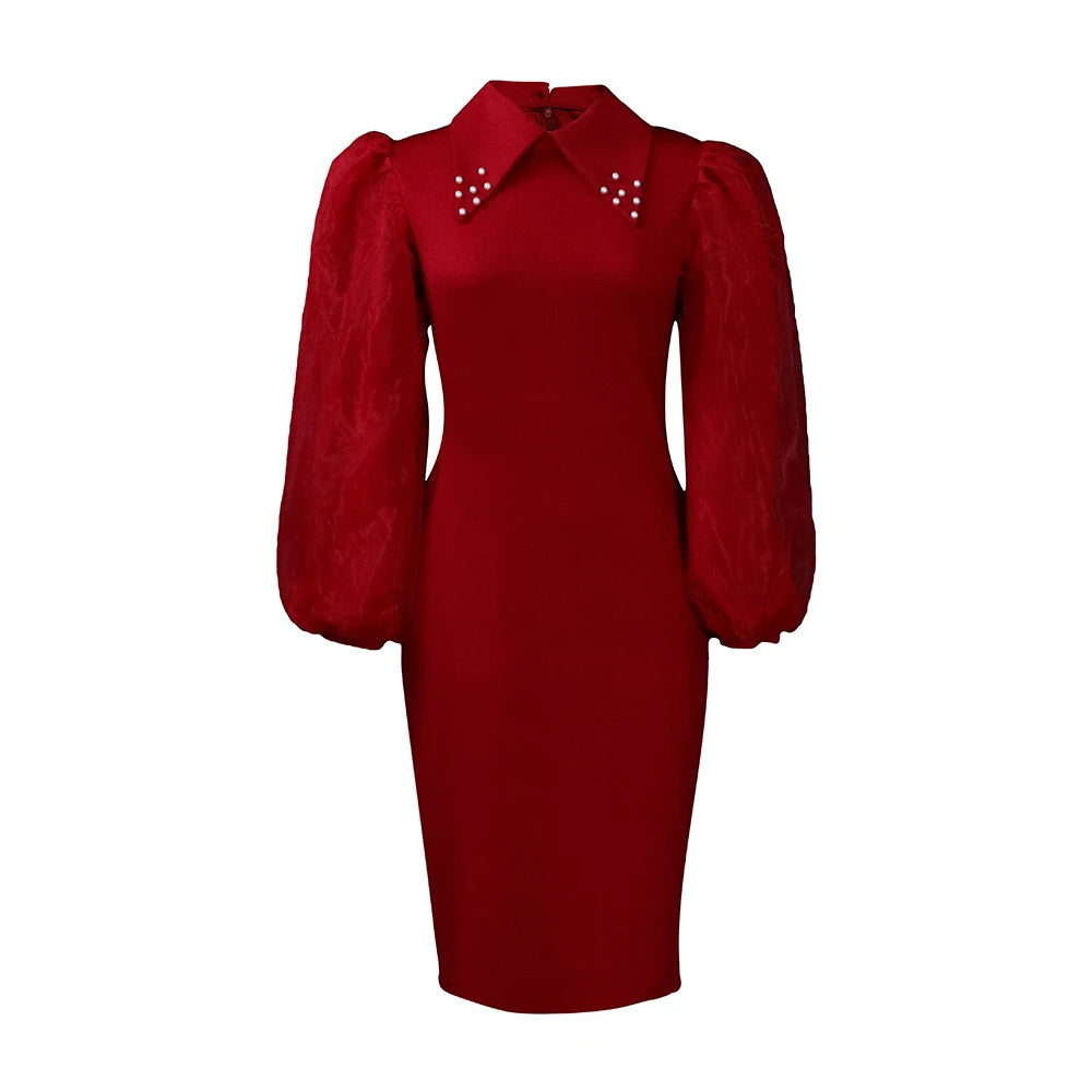 Elegant Office Dress fro Women Professional Full Sleeve Turn Down Collar Beaded Sheath Package Hips Mid Calf Formal Work Dress