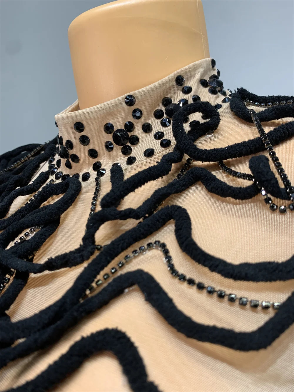 Mesh Rhinestones Chain Mini Dress Nightclub Party Performance Outfit