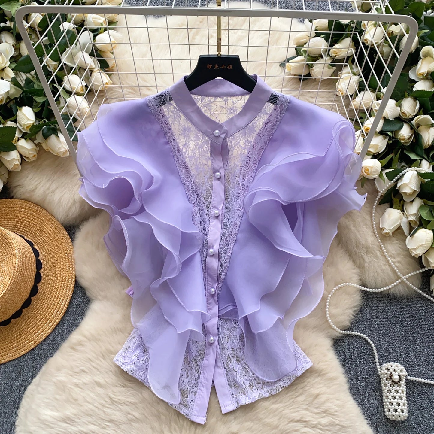 Ruffle Blouses Women French Style Single Breasted Lace Patchwork Shirt Summer Top