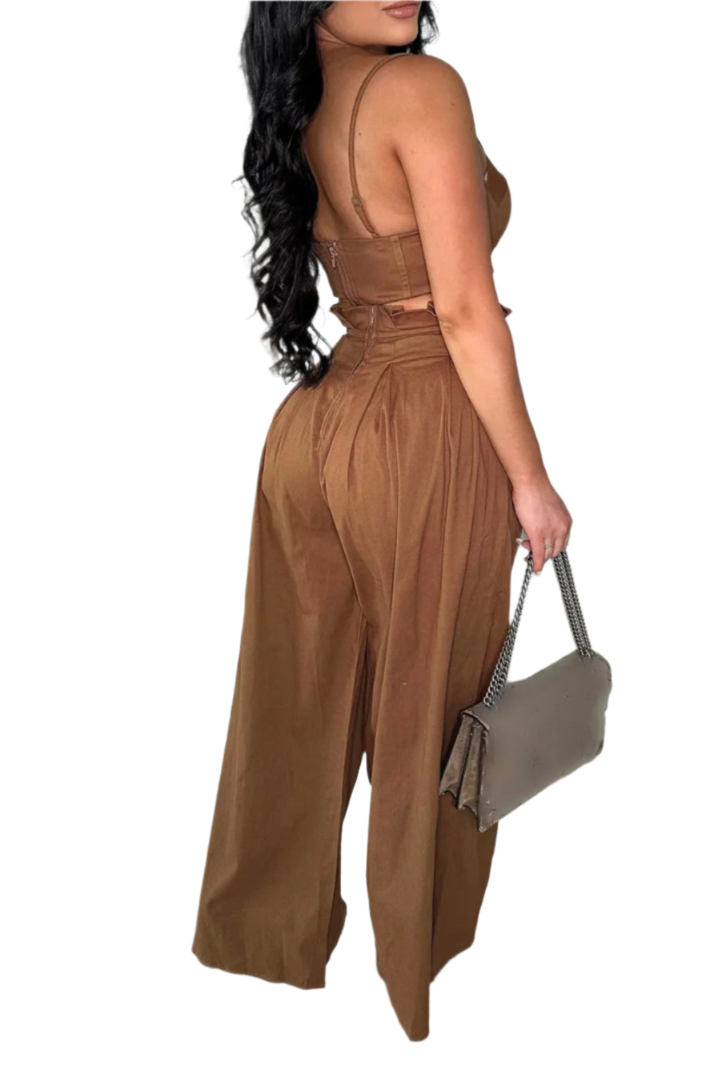 Sexy Zip Crop Camisole and High Waisted Drawstring Wide Leg Trousers 2 Piece Women Pants Suit Streetwear