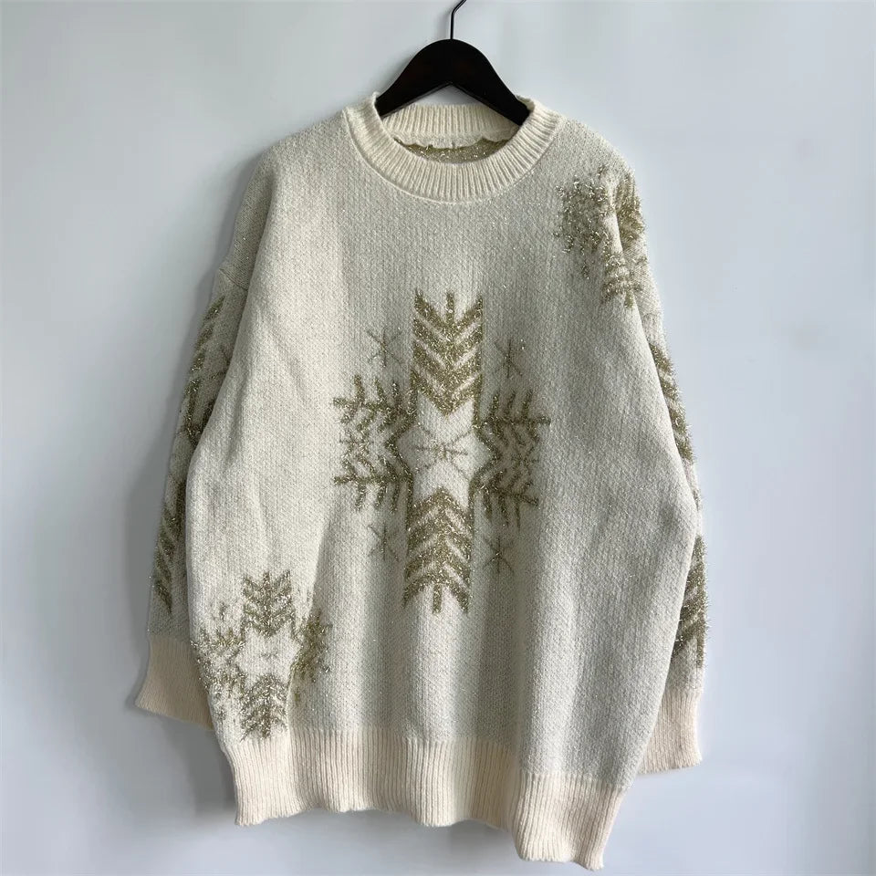 Loose-fit Line Big Snowflake Christmas Sweater Women's Pullover Thickened Crew Neck Sweater