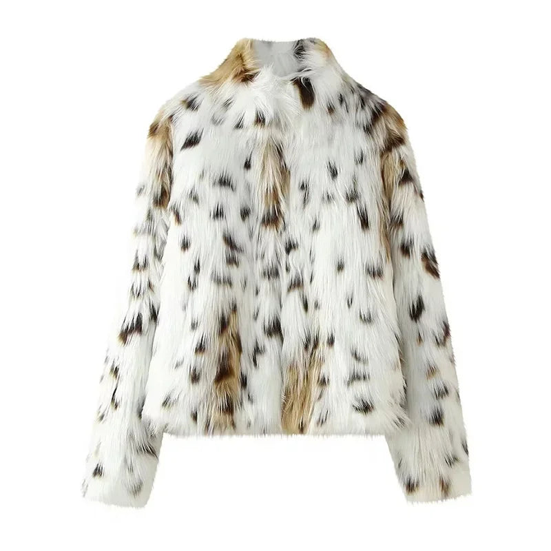 Elegant Leopard Print Faux Fur Cropped Jacket For Women Outwear