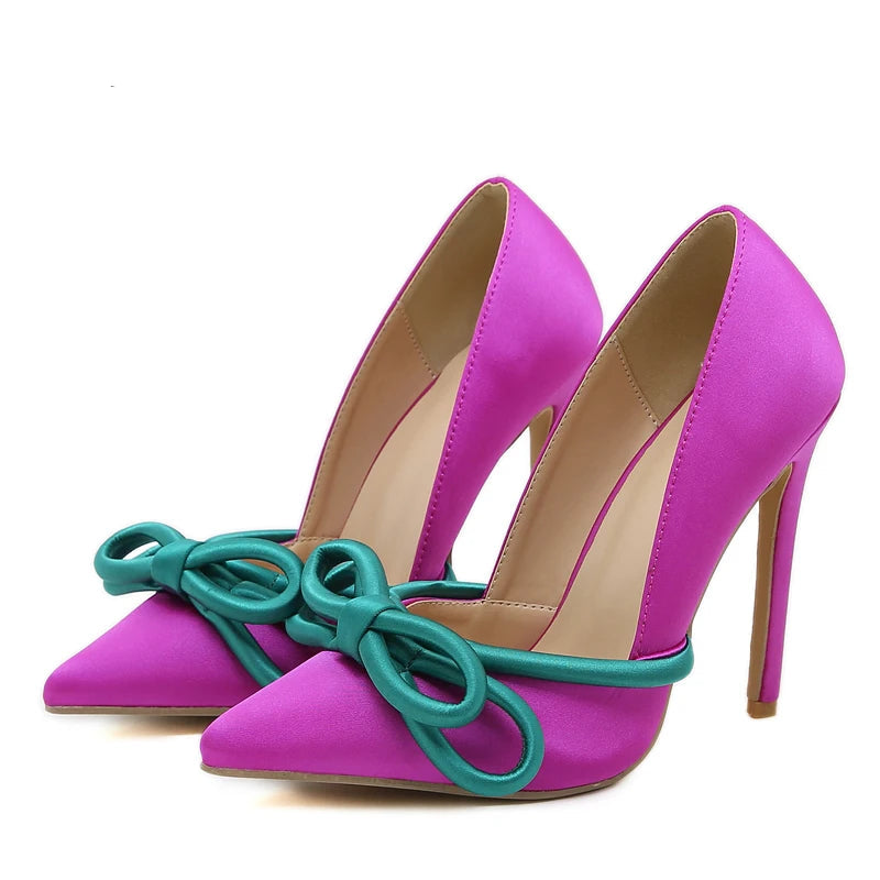 Women Silk Butterfly Knot Sexy Pointed Pump Heels Party Wedding Shoes