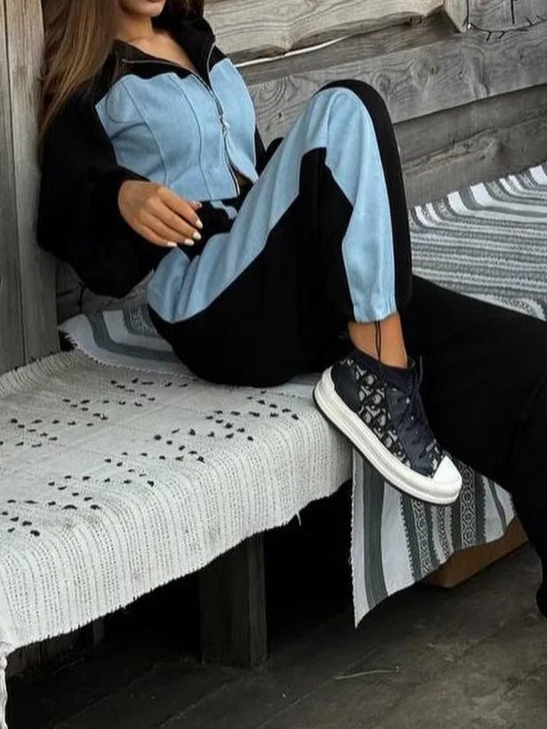 Patchwork Denim 2 Piece Sets Women Outfit Slim Hoodies Crop Top Wide Leg Sweatpants Suits