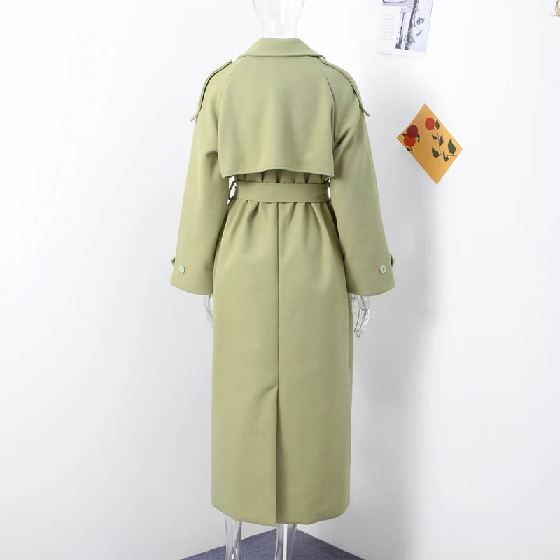 Urban Solid Double Breasted Long Women Coat Loose Full Sleeve Belt Double Breasted Jacket