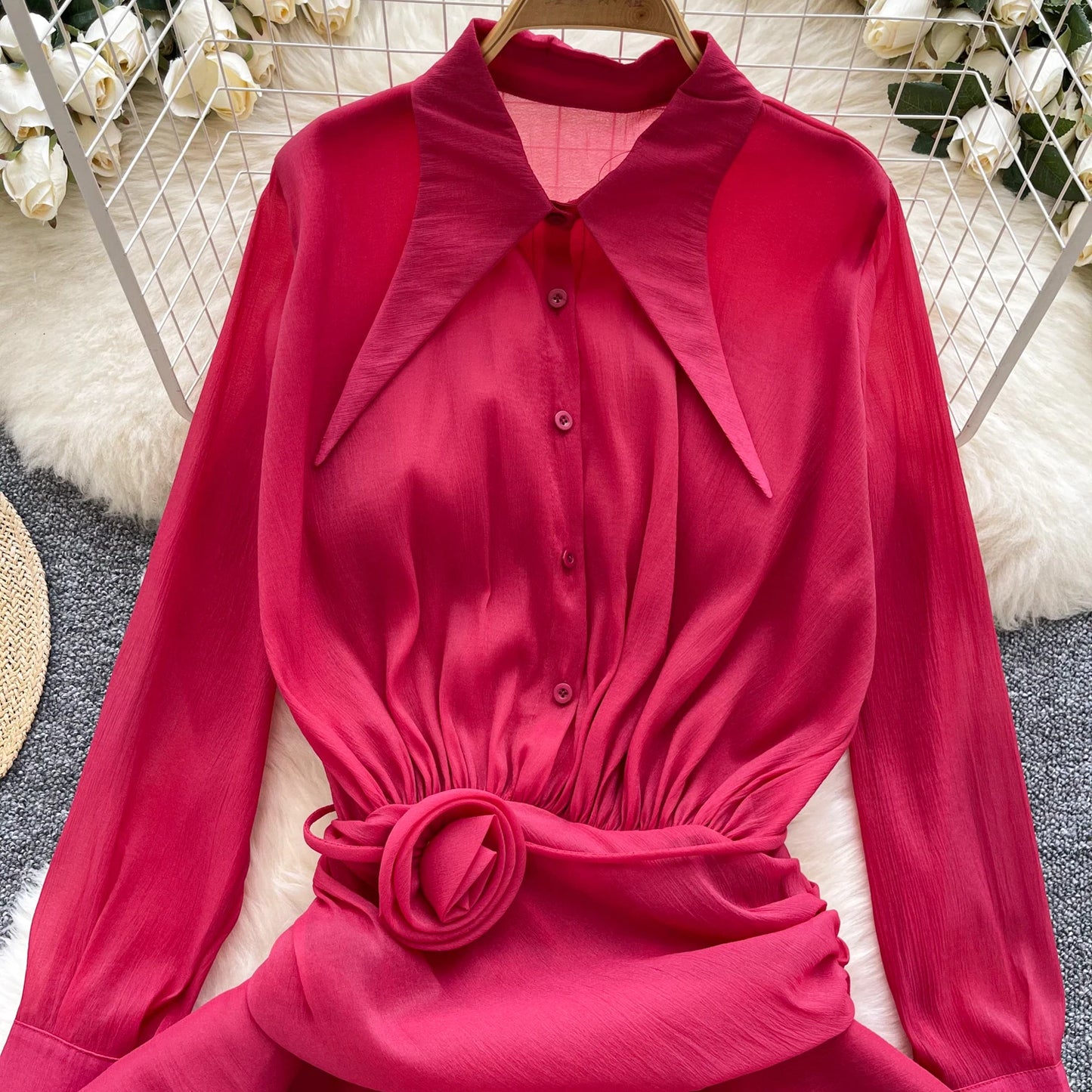 3D Floral Vintage Shirt Women Lapel Neck Long Sleeves Sheer Bohemian Organza Blouse