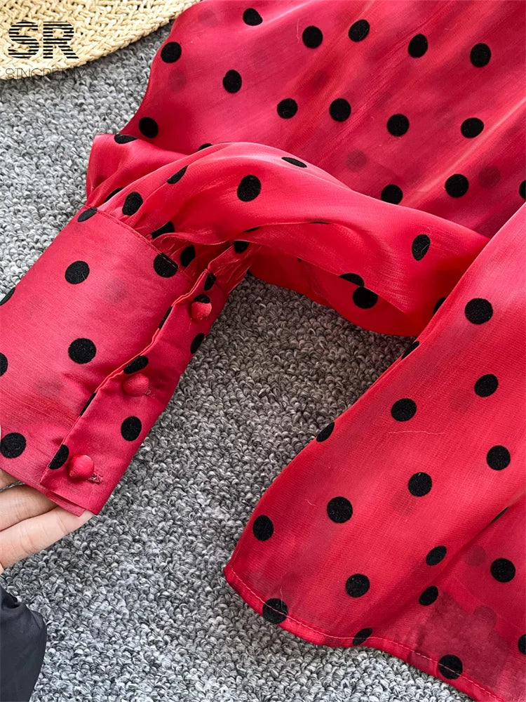 Vintage Polka Dot Tops Puff Sleeve Bow Lace Up Design Blouse