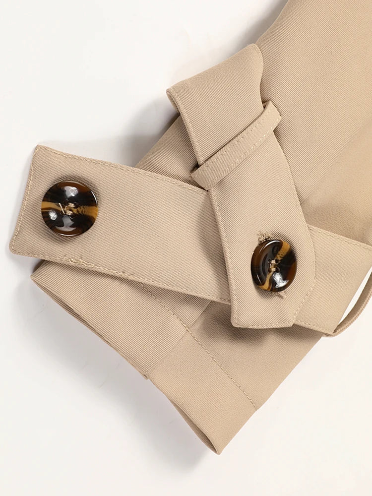 Women Khaki Pleated Elegant Trench New Lapel Long Sleeve Windbreaker Trench Coat