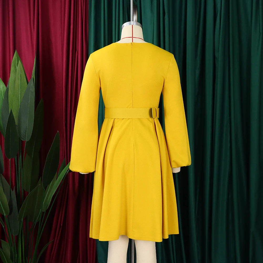 Elegant Office Dresses Women O Neck Full Sleeve Belt Waisted Pleated A Line Mid Calf Formal Female Business Work Wear Dress Midi