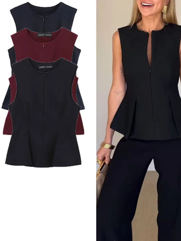 Women Solid Zipper Vintage Causal Sleeveless O Neck Tank Blouse Slim Pleated Vest Blouse High Street Folds Top