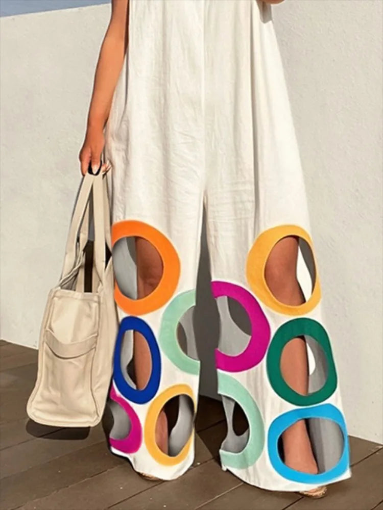Women Fashion Rainbow Hollow Wide Leg Jumpsuits Urban Office Overalls