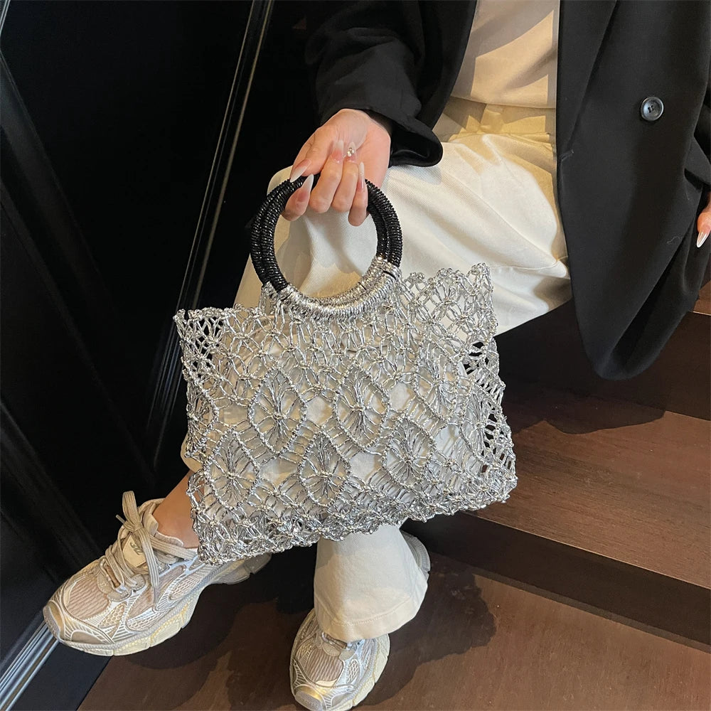 Handmade Woven Design Round Handle Handbags For Women