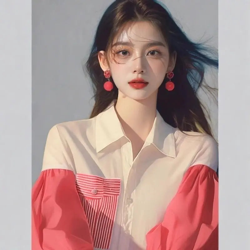 Unique Bubble Sleeve Short Sleeved Shirt for Women Patchwork Long Sleeved Top