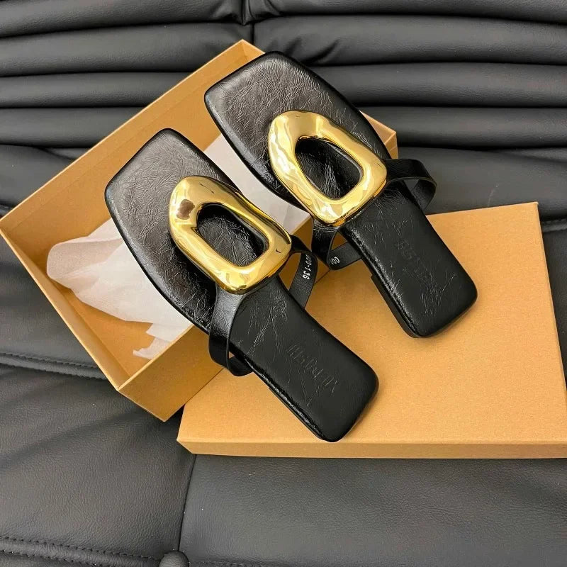 Large Size Women's Shoes Open-toed Flip-flops Flat Metal Buckle Sandals