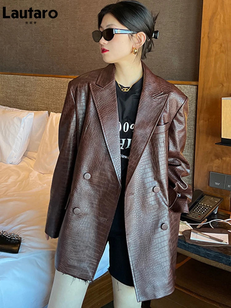 Oversized Shiny Purple Crocodile Pattern Faux Leather Blazer for Women Y2k