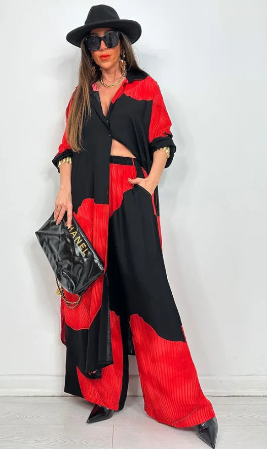 Elegant Lady Two Piece Set Printed Long Shirt Top + Wide Leg Pants 2-piece Outfit Oversized Sets