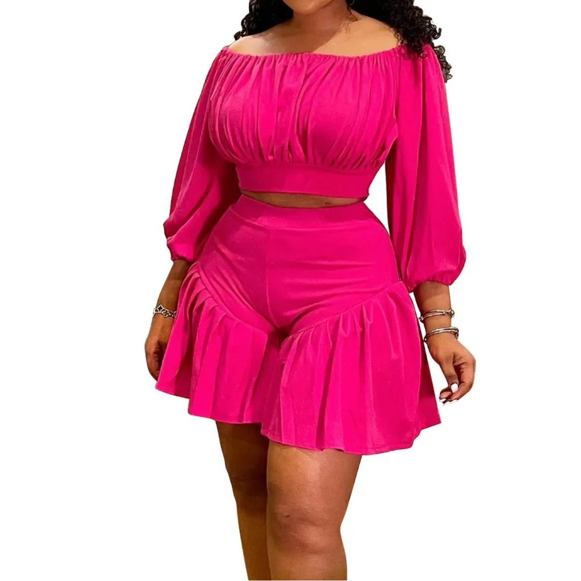 Plus Size Women's Set Long Sleeve Slash Neck T-Shirt and Shorts Summer Two 2 Piece Set