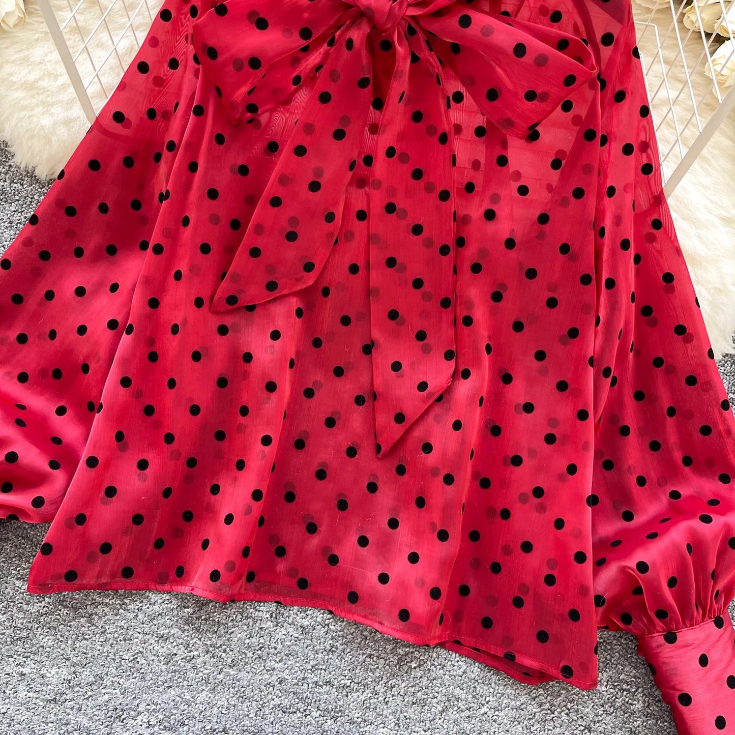 Vintage Polka Dot Tops Puff Sleeve Bow Lace Up Design Blouse
