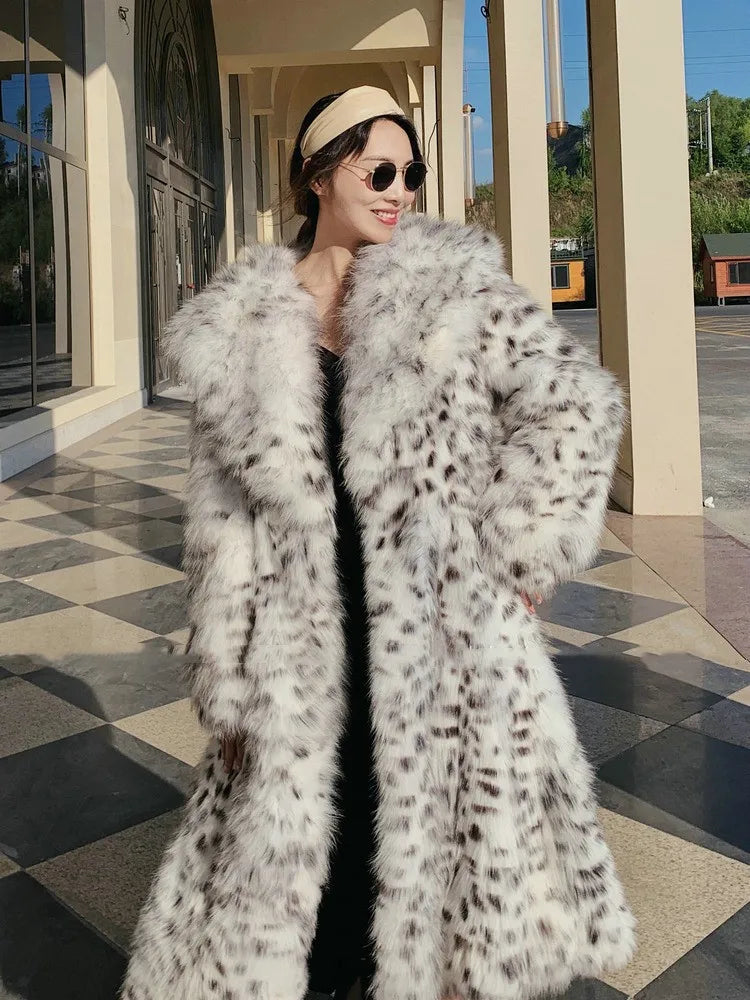 faux fur young leopard-print fur coat long knee-length mink coat