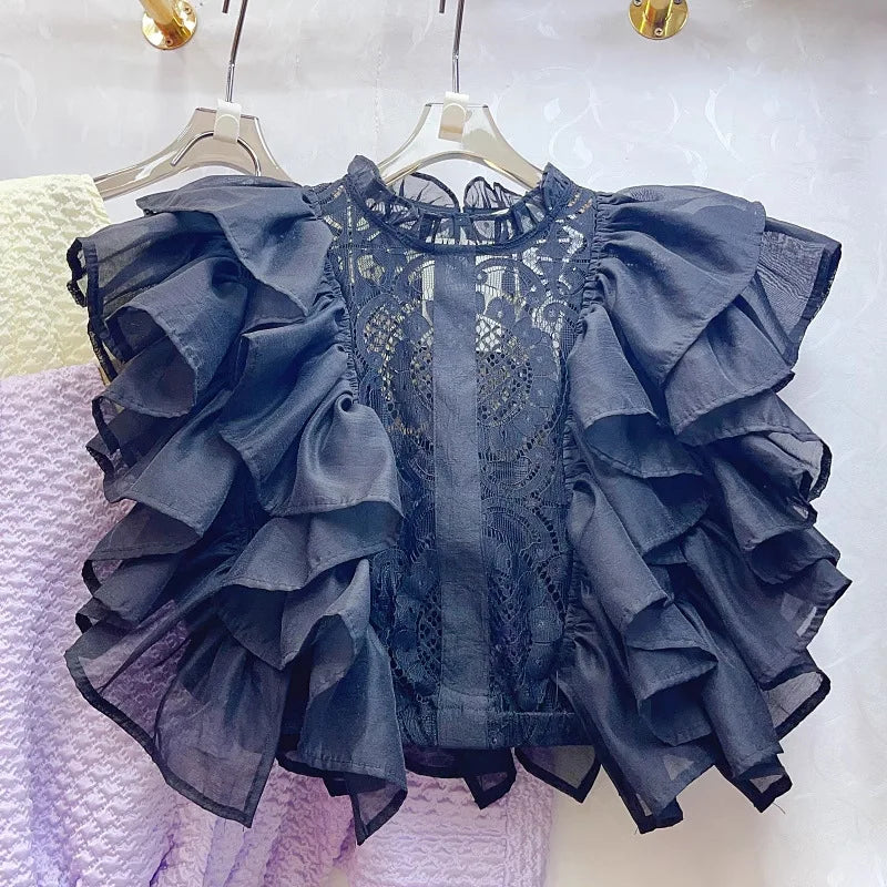 Women Blouse Shirts Stand Collar Y2k Tops Ruffles Lace Sexy Blouses
