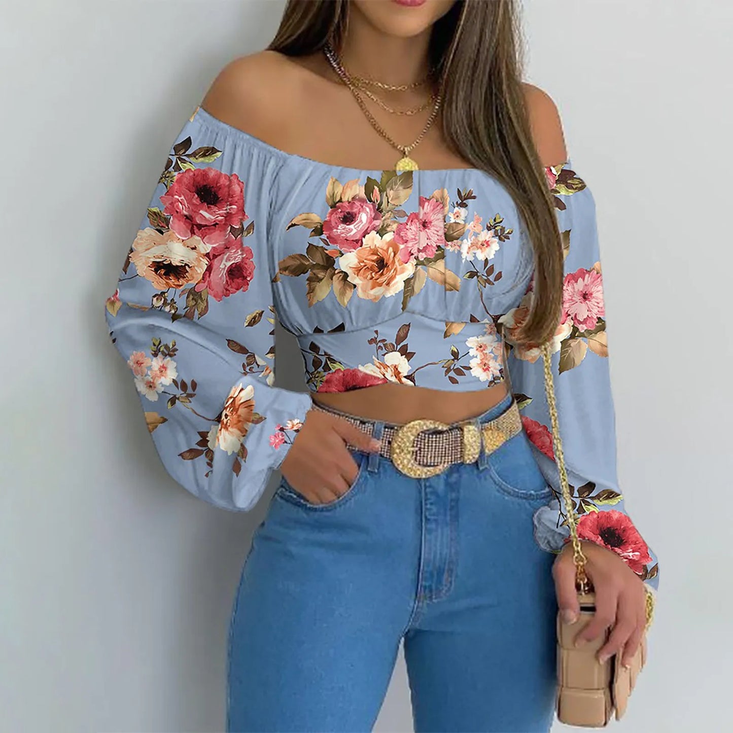 Women Sexy Off Shoulder Print Blouses Chic and Elegant Lantern Long Sleeve Cropped Top