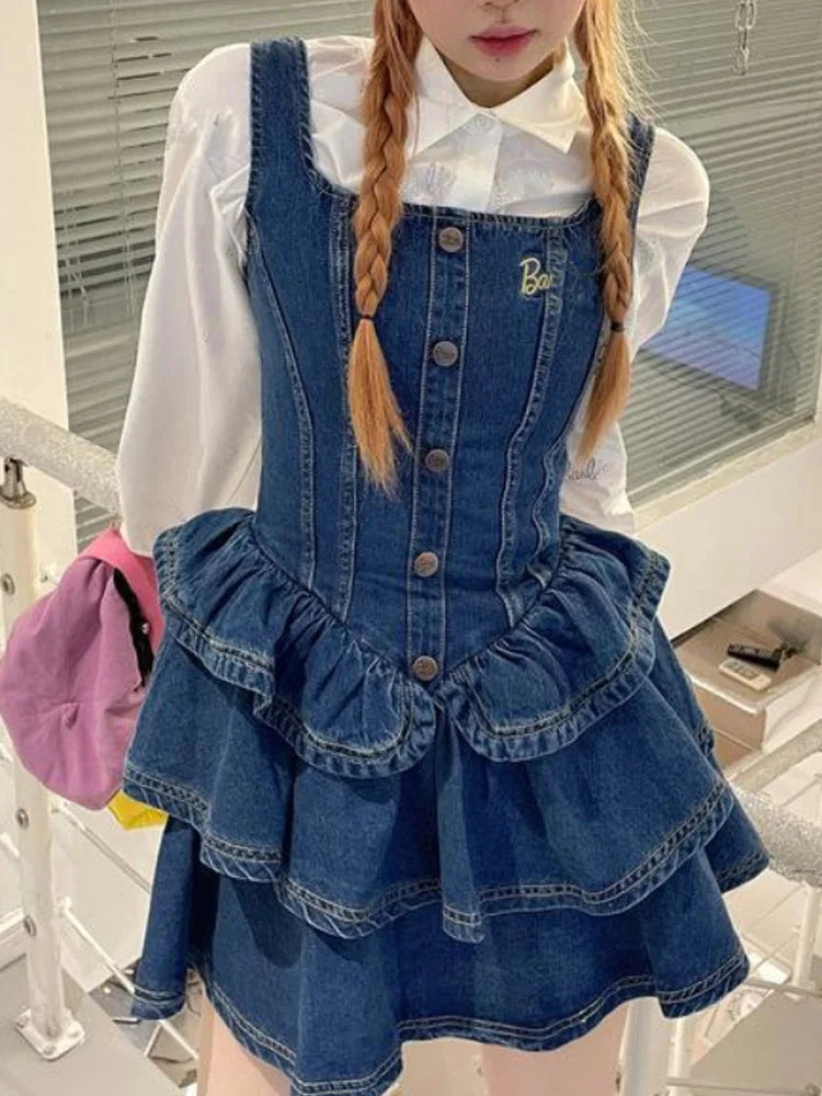 Denim Ruffle Mini Dress Y2k Korean Fashion Women Vintage Denim Dress
