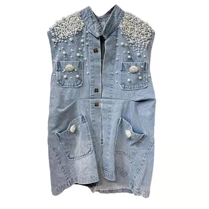 Women Pearl Denim Waistcoat Korean Fashion Cardigan Vintage Loose Vest