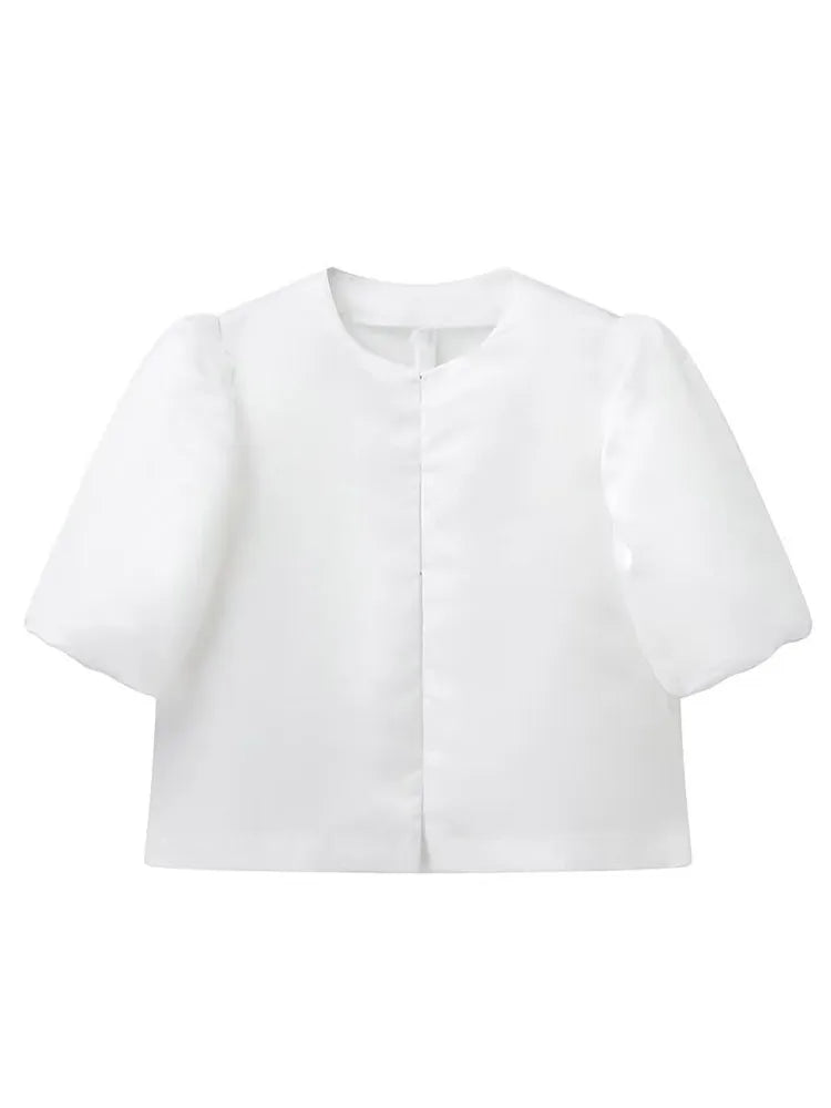 Solid Satin Women's Blouse Top With Pouf Balloon Sleeve O Neck Loose Blouses