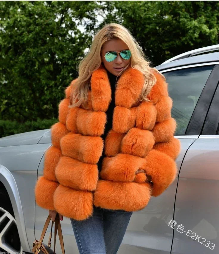 Women Faux Fox Fur Coats Turn Down Collar Thick Warm Elegant Jackets Streetwear