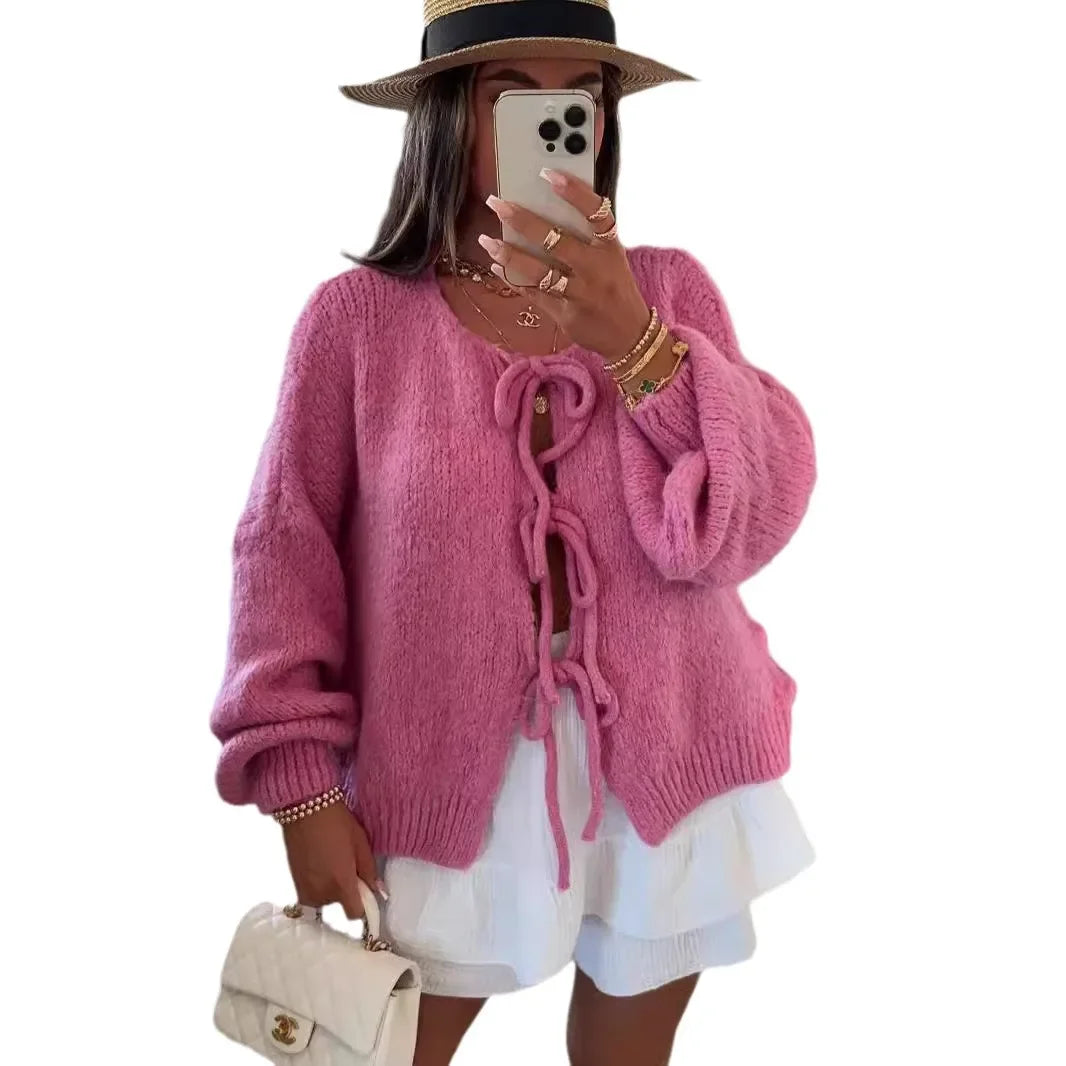 Elegant Knitted Cardigan Sweater Women's Lace up Cardigan