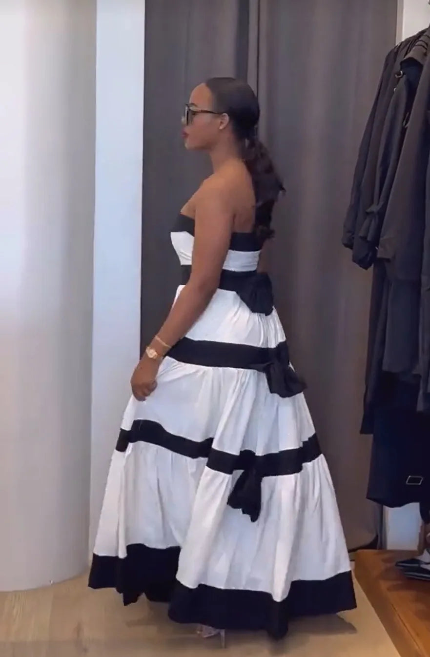 Women Fashion New Elegant Long Dress Patchwork Bowknot Strapless Sleeveless Backless High Waist Stripes Long Dress Party Female