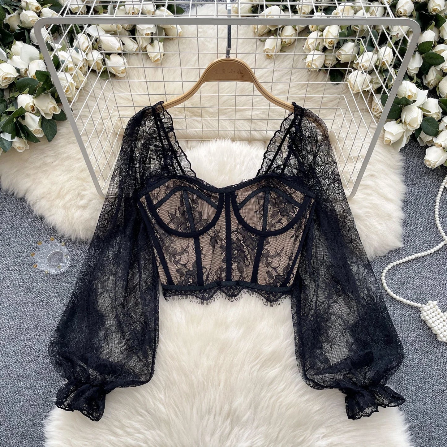 Lace Sexy Blouse Women Flare Sleeve Square Collar Embroidery Blouse High Quality Short Top