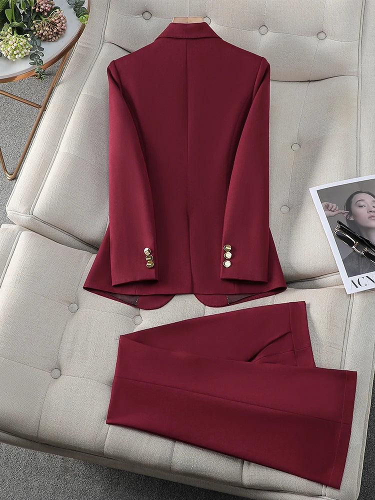 Formal Pant Suit 2 Piece Set Women Green Khaki Red Female Long Sleeve Business Work Wear Blazer
