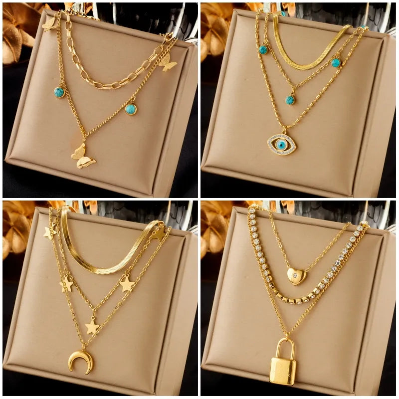 Stainless Steel Butterfly Moon Lock Blue Eyes Pendant Necklace For Women