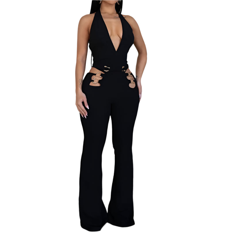 Women V-Neck Backless Straight Sleeveless Flare Jumpsuits One Piece Outfits