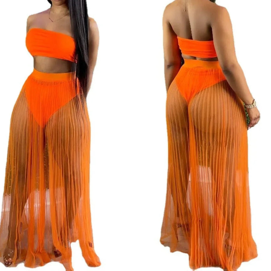 Women Mesh See Though Two Piece Set Sexy Beach Strapless Tops and Pleated Maxi Skirts Matching Set Summer Outfits