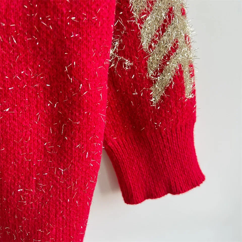 Loose-fit Line Big Snowflake Christmas Sweater Women's Pullover Thickened Crew Neck Sweater