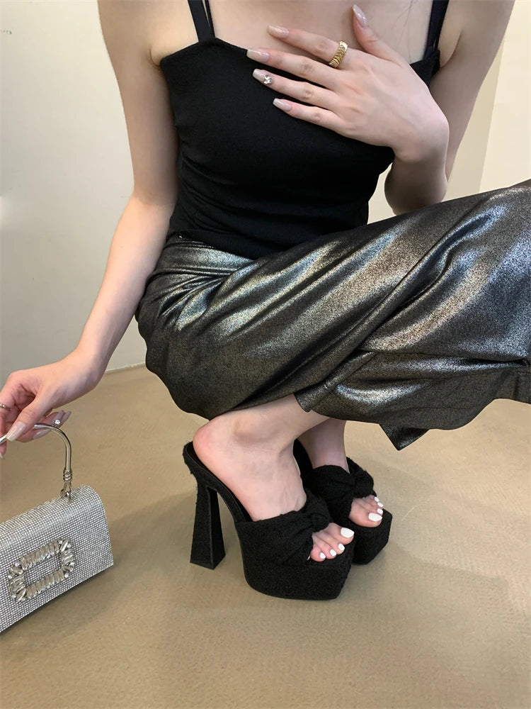 Chunky Platform Wedge Woman Slippers Butterfly-knot Open Toe Wedding Banquet Sandals High Heels Slide Shoes